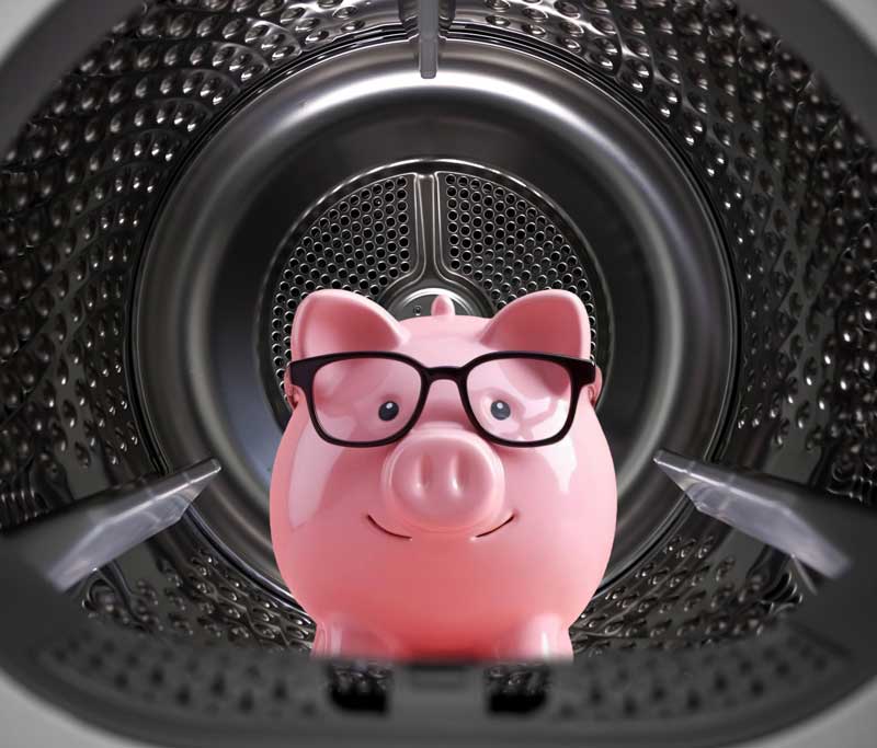 Sparschwein mit Brille in einer Wäschetrocknertrommel