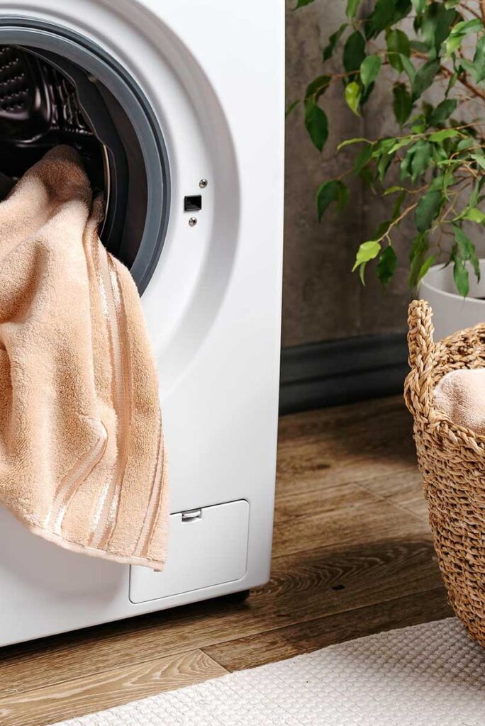 Geöffnete Waschmaschine aus der ein Handtuch hängt neben einer Zimmerpflanze