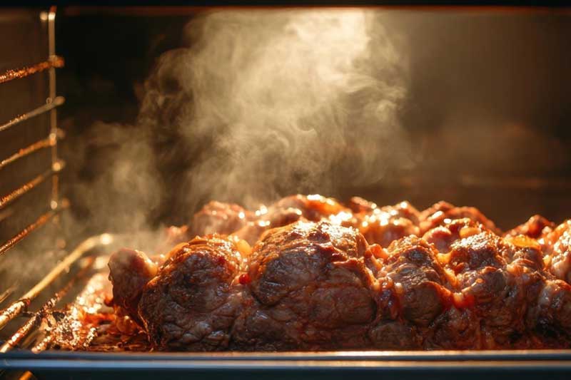 Ein saftiger Braten gart in einem Dampfbackofen, umgeben von aufsteigendem Wasserdampf unter dem Ofenlicht.